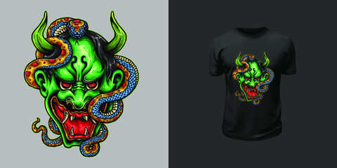 Tshirt design of oni mask demon Japanese with snake illustration - obrazy, fototapety, plakaty