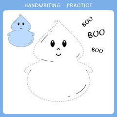 Handwriting practice sheet. Simple educational game for kids. Vector illustration of cute ghost for coloring book