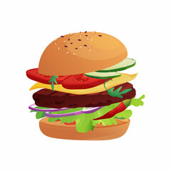 Delicious burger with tomato, cheese, cucumber, meat, onion, ketchup and salad. Fast food. Bun with sesame. Cartoon vector illustration.