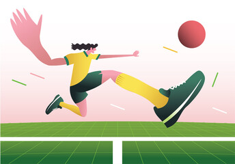distorted wide angle view of a football player character in motion kicking a ball, trendy flat style illustration.  World cup concept. Landing page main block layout. © Mykola