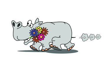Cartoon hippopotamus with flowers. Vector illustration