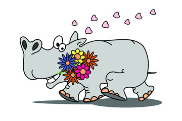 Cartoon hippopotamus with flowers and hearts. Vector illustration