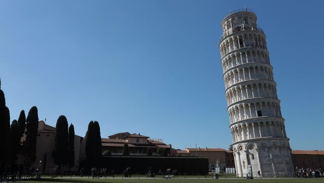 Pisa, Tuscany, Italy - April 5, 2022: Time Lapse of the Leaning Tower of Pisa in the amazing Piazza dei Miracoli.
