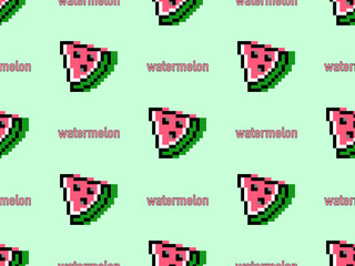 Watermelon cartoon character seamless pattern on green background.Pixel style