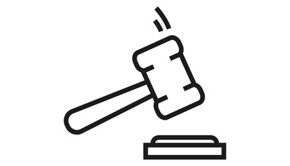 Judge hammer icon. Linear gavel vector isolated on white. Judgement hammer icon in flat style. For auction hammer, judge logo, gavel bid, court sign and law symbol. Thin line judge hammer icon