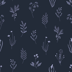 Seamless vector line art floral pattern on a dark background.