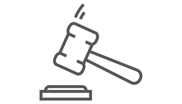 Judge hammer icon. Linear gavel vector isolated on white. Judgement hammer icon in flat style. For auction hammer, judge logo, gavel bid, court sign and law symbol. Thin line judge hammer icon