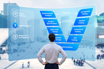 V-Model system and software development lifecycle methodology. Project management process from design, implementation to integration and test phase.