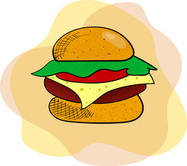 Tasty burger illustration, fast food logo, cheeseburger and meal