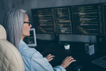 Profile side view portrait of attractive focused skilled grey-haired woman writing code solving at...