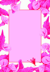 Pink floral card with calla lily and leaves, flower template for wedding, invitation or greeting card, hand painted cover or banner. 