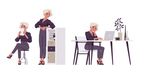 Office worker set, young businesswoman, female employee doing office work. Busy blonde smart girl in formal wear. Vector flat style cartoon character isolated on white background, different poses