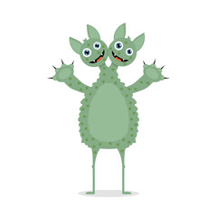 Cute funny green monster with two heads.