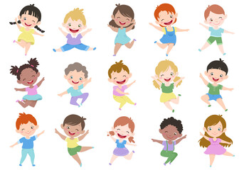 Children vector illustration set for different avatars of boys and girls in a world on a white background. Different skin tones, hair colors and styles.