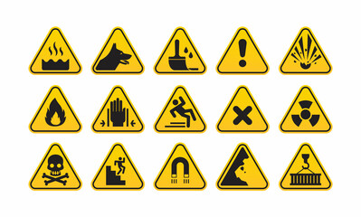 Various danger sign set. Attention, danger, high voltage, radiation, biohazard, caution and warning vector illustration collection. Accident and construction concept