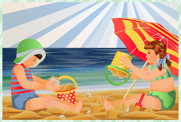 Summer card, little boy and girl building sandcastles on the beach. vector illustration