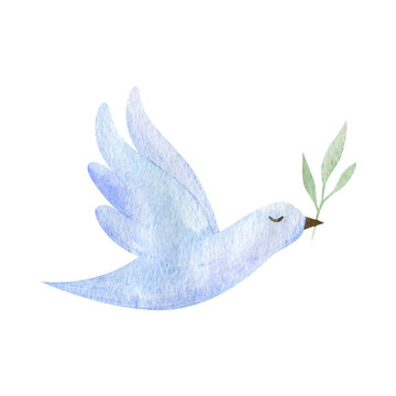 Watercolor blue dove silhouette and leaves. International peace day.
