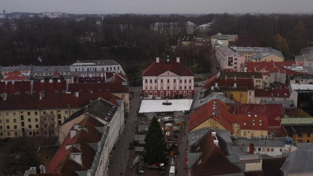 DRone shot of Tartu city centre and town hall and little bit of the local river