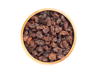 Raisin in brown wooden bowl isolated on white background