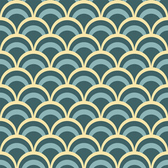 Fish scale abstract geometric seamless pattern. Colorful art deco style nostalgic retro background. Classic Asian fashion print with arcs for fabric, paper