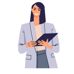 Young woman uses a tablet. Smiling business woman holding device in hand, uses yoga to control work, lecturing. Flat vector isolated on white.