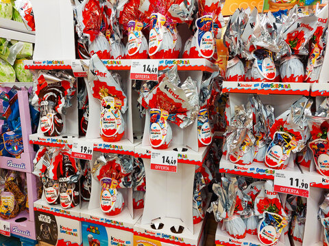 Italy &ndash; April 6, 2022: Kinder Surprise Easter Chocolate Eggs. Kinder Surprise is a brand of food products of Ferrero
