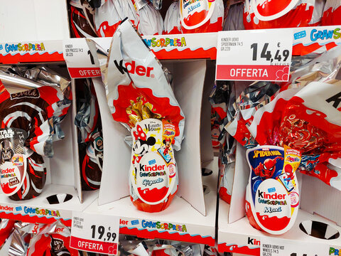 Italy &ndash; April 6, 2022: Kinder Surprise Easter Chocolate Eggs. Kinder Surprise is a brand of food products of Ferrero