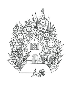 recommend clip art: Village house in sunflowers and cornflowers garden vector linear illustration for coloring. Coloring page with cute house in flowers.