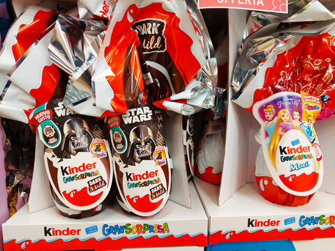 Italy &ndash; April 6, 2022: Kinder Surprise Easter Chocolate Eggs. Kinder Surprise is a brand of food products of Ferrero