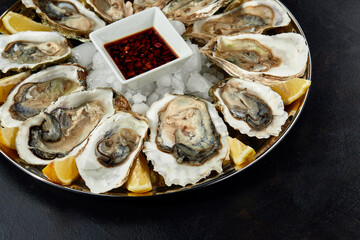 Oysters with lemon served on black round platter. Luxury delicatessen seafood.