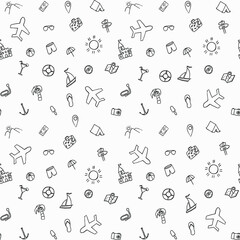 Summer seamless pattern. travel icons on white background. Travel vacation set of icons, journey and trip background. Doodle summer travel icons. Vacation vector pattern with travel icons