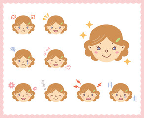 女性の喜怒哀楽の感情　顔アイコン　セット21