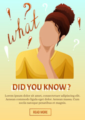 Woman is thinking. Text, question and exclamation marks. Thinking concept. A4 vector illustration for flyer, poster, banner, advertising.