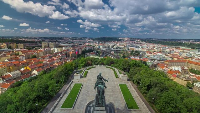 Panoramic view of Prague timelapse from the top of the Vitkov Memorial, Czech Republic