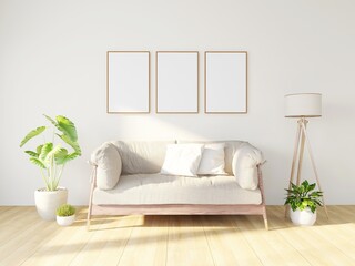 Living room with three blank vertical frame mockups, natural interior decoration with plants and a lamp. 3d rendering, interior design, 3d illustration