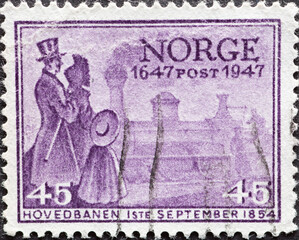 Norway - circa 1947: a postage stamp from Norway , showing audience in period clothing in front of...