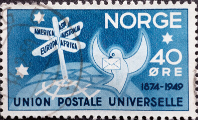 Norway - circa 1949: a postage stamp from Norway, showing a Carrier pigeon & roadsign. Anniversary...