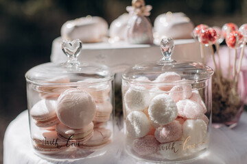 catering with various sweets, marshmallows, meringues in glassware