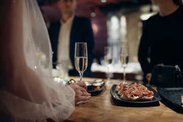 many empty clean glasses for champagne or white wine