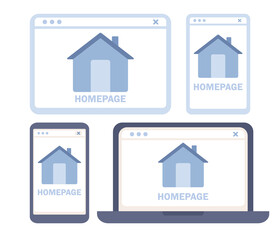 Homepage icon set. Website or app homepage development, optimization, setup. Vector flat illustration

