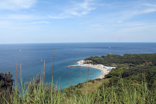 Panoramic picture of the Conero area with its green and white beach and turquoise Adriatic Sea