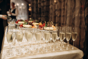 glasses of champagne at a wedding festive buffet