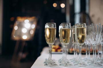 glasses of champagne at a wedding festive buffet