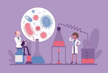 Clinic scientists working in laboratory, germs, viruses, bacteria lab study. Scientific equipment, medicine research and prevention. Vector flat style creative illustration, health, healthcare concept
