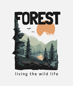 forest slogan with forest vintage scene vector illustration