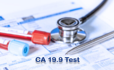 CA 19.9 Test Testing Medical Concept. Checkup list medical tests with text and stethoscope