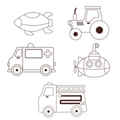 Set of children's toys cars in the style of a doodle, one line