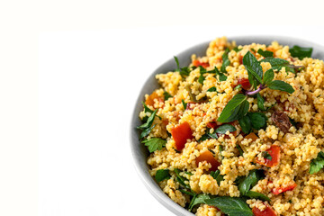 Tabule salad  on white isolated background  for menu. Close up .Copy space