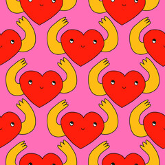 vector square seamless pattern - heart shape character in hippie style. Psychedelic ornament in the style of the 70s and 80s. Vibrant floral for wallpaper and fabric. kidcore elements.