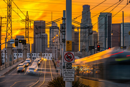 Los Angeles skyline and evening traffic